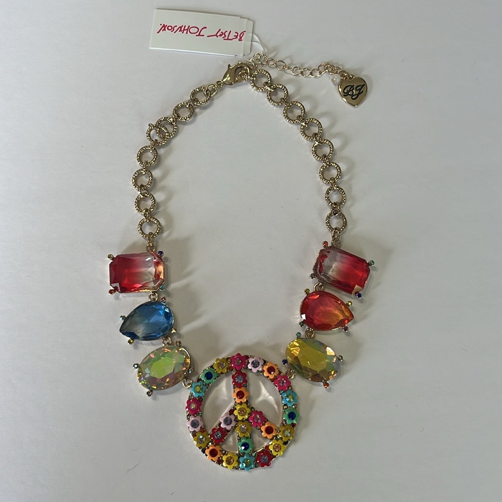 Betsey Johnson Love Fest Peace Sign Multicolor Flower Statement Necklace NWT - Picture 8 of 10